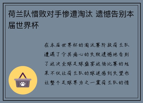 荷兰队惜败对手惨遭淘汰 遗憾告别本届世界杯