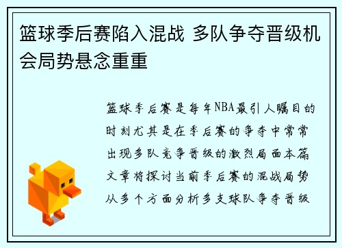 篮球季后赛陷入混战 多队争夺晋级机会局势悬念重重