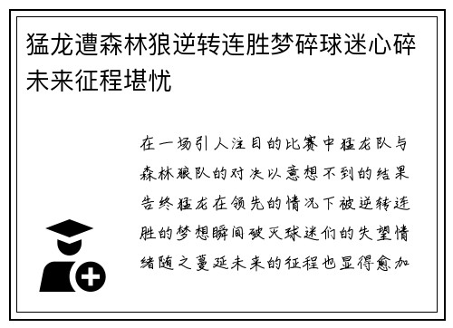 猛龙遭森林狼逆转连胜梦碎球迷心碎未来征程堪忧