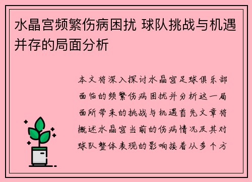 水晶宫频繁伤病困扰 球队挑战与机遇并存的局面分析