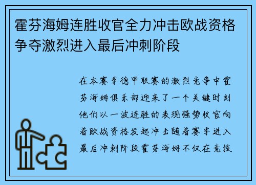 霍芬海姆连胜收官全力冲击欧战资格争夺激烈进入最后冲刺阶段