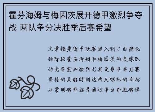 霍芬海姆与梅因茨展开德甲激烈争夺战 两队争分决胜季后赛希望