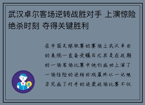 武汉卓尔客场逆转战胜对手 上演惊险绝杀时刻 夺得关键胜利