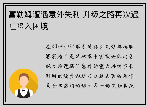 富勒姆遭遇意外失利 升级之路再次遇阻陷入困境