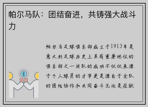 帕尔马队：团结奋进，共铸强大战斗力