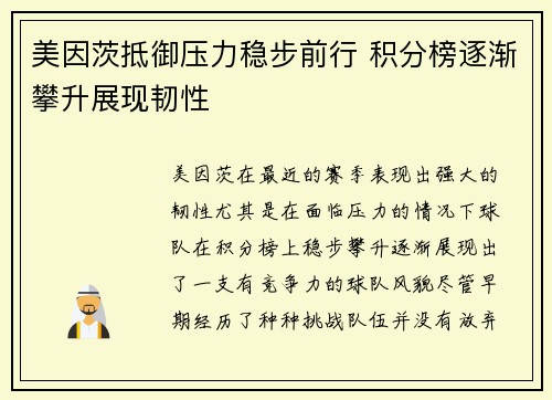 美因茨抵御压力稳步前行 积分榜逐渐攀升展现韧性