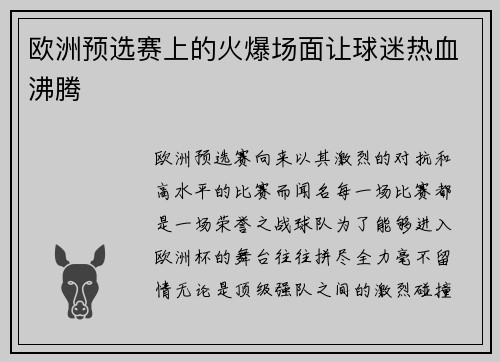 欧洲预选赛上的火爆场面让球迷热血沸腾